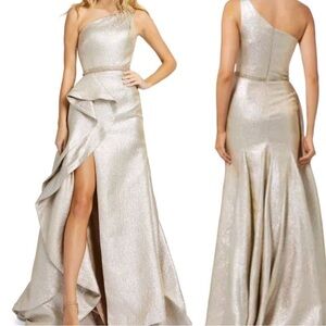 Mac Duggal 66975 Asymmetric Long Trumpet Gown Gold Sz 2